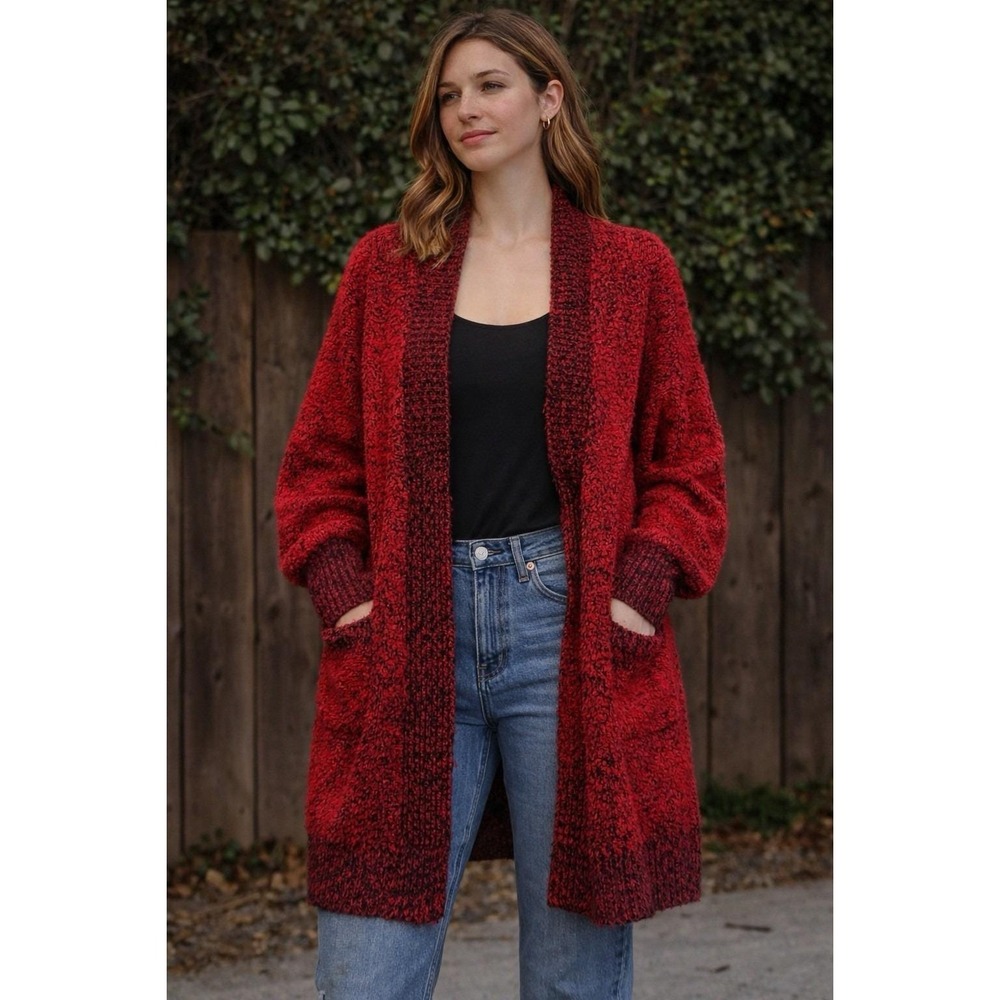 Vintage Huntington Ridge Sz M Crimson Red Bishop Sleeve Knit Sweater Cardigan Y2